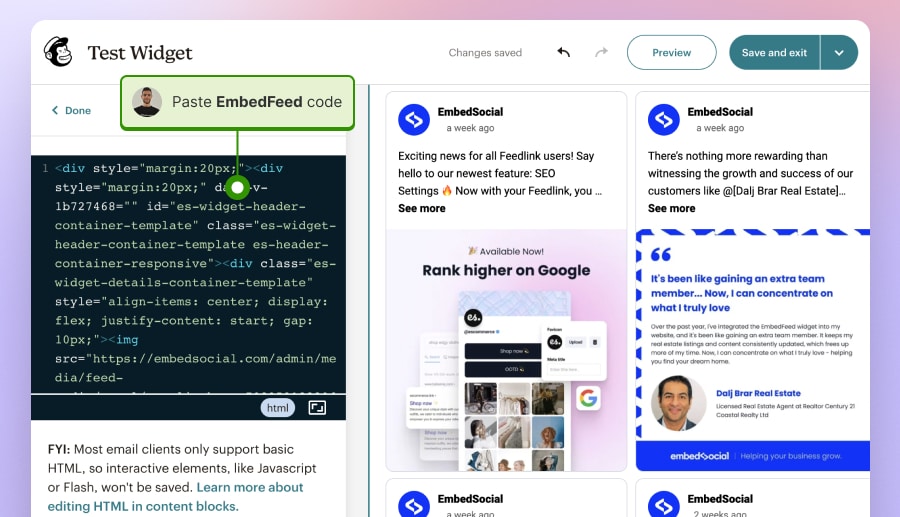 Paste HTML code for Instagram feed in Mailchimp